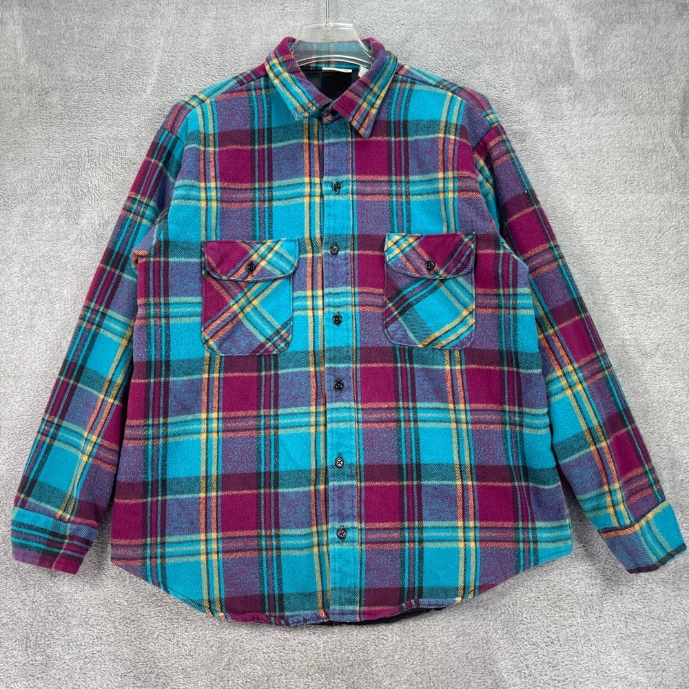 Five Brother Shirt Jacket Men L Teal Purple Plaid Quilted Flannel USA Vintage